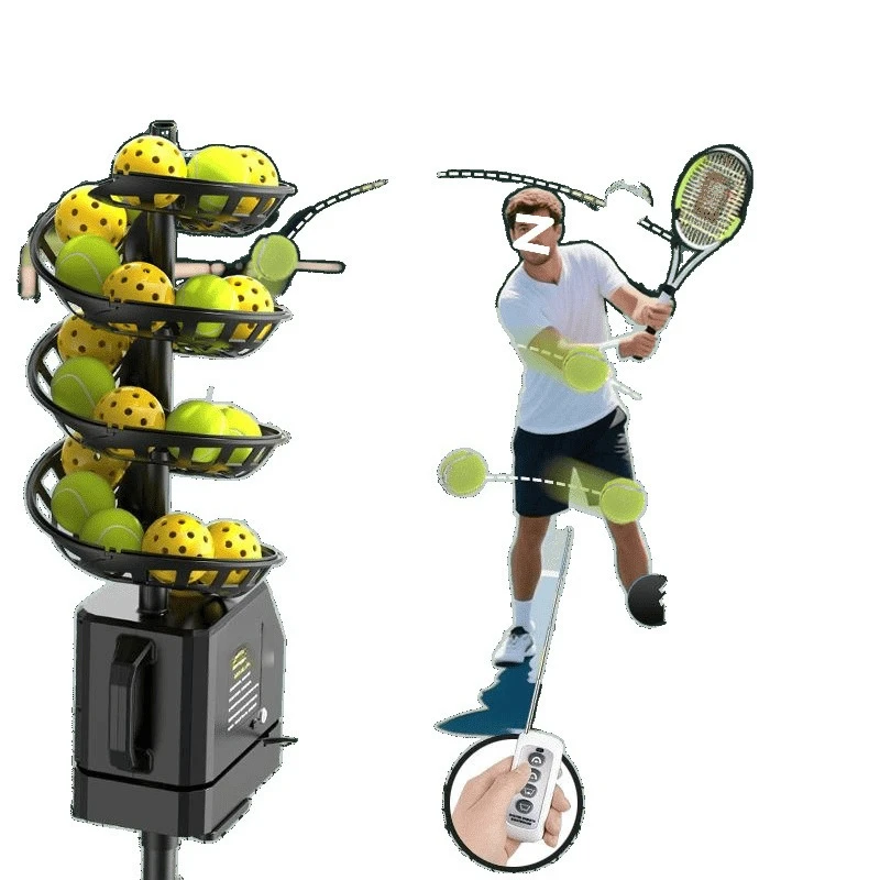 

single practice serve machine, portable tennis training artifact, practitioner, automatic throwing machine