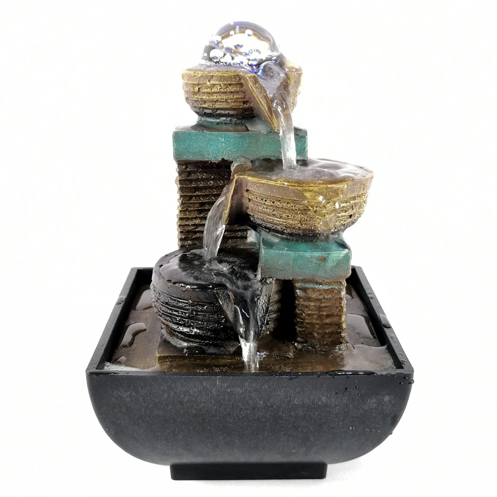 Fontanna stołowa LED z kulkami, 3-poziomowy wodospad, kamienie rzeczne, elektryczna pompa, relaksujące dźwięki do biura i dekoracji domu