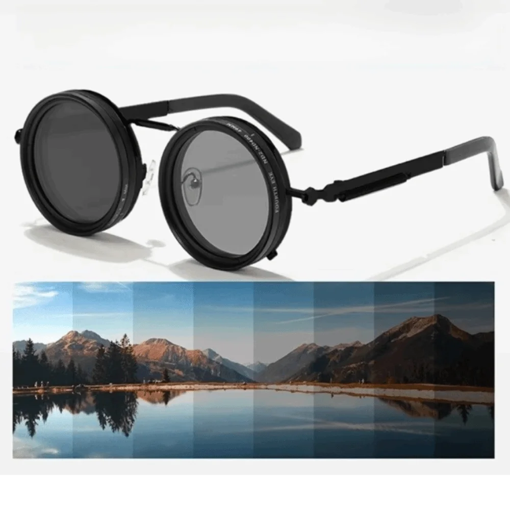 Round Frame Fishing Sunglasses Anti UV Protection Manual Rotating Adjustable Dimming Glasses Metal TAC ND Filter Sunglasses
