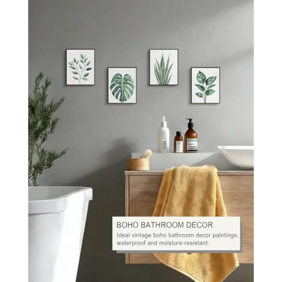 Botanical Canvas Framed Wall Art Watercolor Green Leaf Tropical Plant Art Prints Boho Wall Decor for Bedroom Bathroom Kitchen H