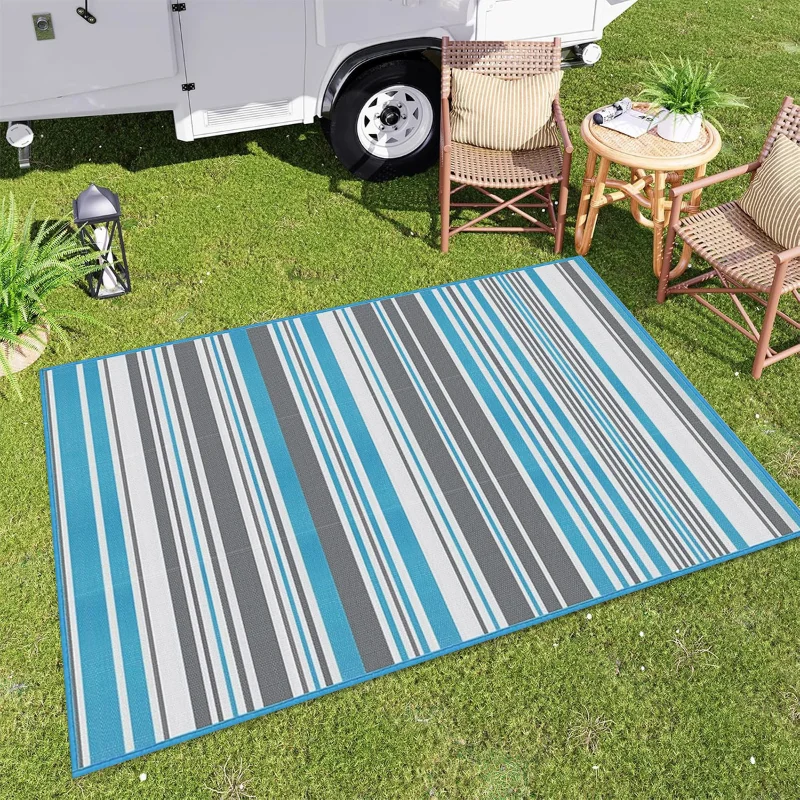 Indoor Outdoor Single Layer Waterproof Reversible Plastic Straw Patio Rugs PP Material Striped Style Carpets Picnic Mat