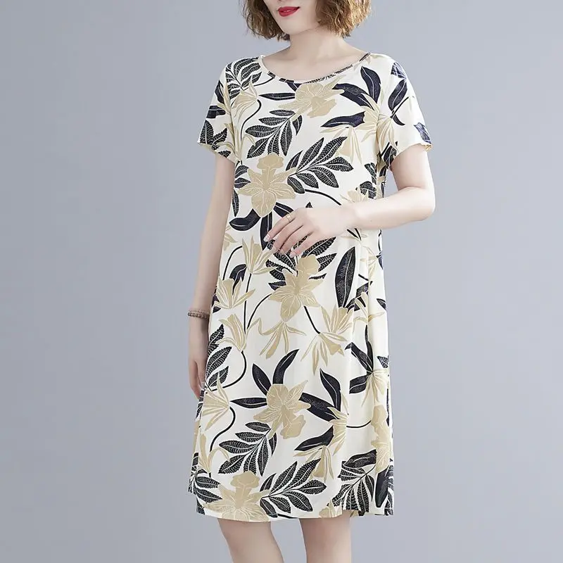 Fashion O-Neck Printing All-match Folds Short Sleeve Dress Women\'s Clothing 2024 Summer New Loose Office Lady Floral Dress