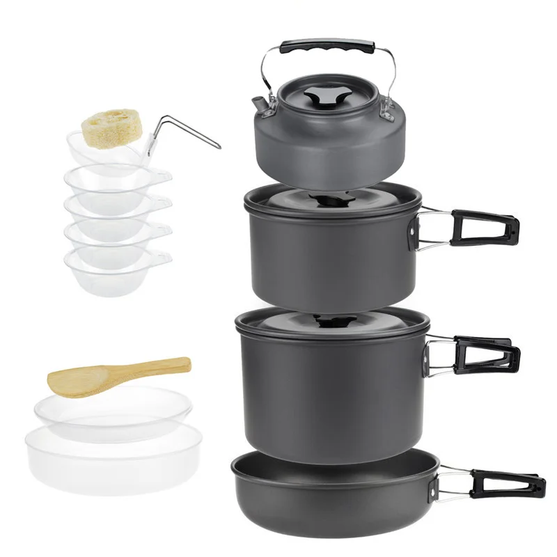 

4-5 Person Aluminium Alloy Outdoor Hiking Picnic Camping Pot Set Cookware Utensil with Kettle and Tableware