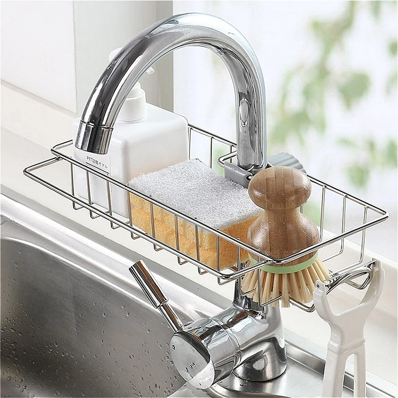 Stainless Steel Kitchen Sink Caddy Organizer Faucet Storage Rack Sponge Dishcloth Drain Basket for Home Kitchen — Stainless