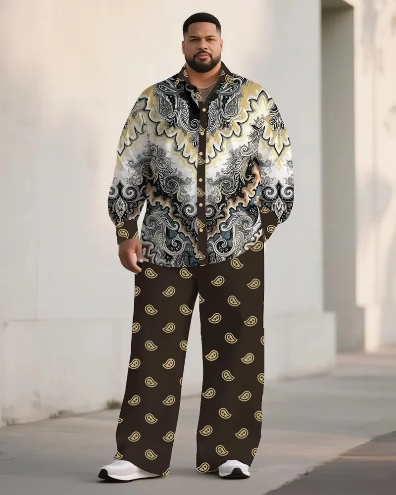 S-9XL Men's Oversized Vintage Floral Patchwork Long Sleeve Shirt & Pants Two-Piece Casual Daily Outfit