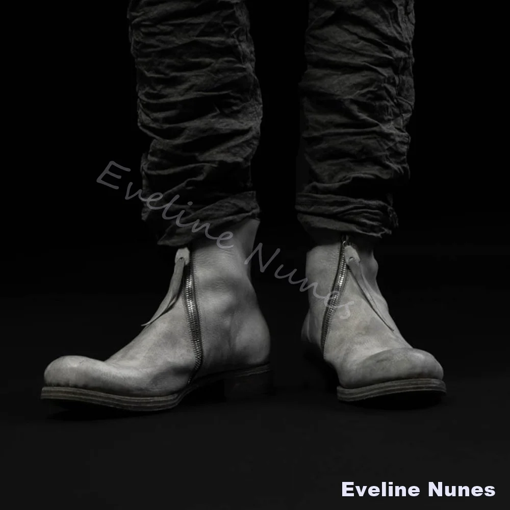 Distressed Dirty Vintage Boots Men White Side Zipper Upturned Toe Knight Boots 2026 Round Toe Chunky Heel Motorcycle Boots