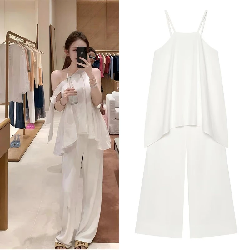Guobioziy - Top de Mujer, Nuevo Estilo 2026, Mono de Lino con Cuello Halter y Piernas Anchas, Tirantes Finos que Resaltan los Hombros y el Cuello, Blanco Puro