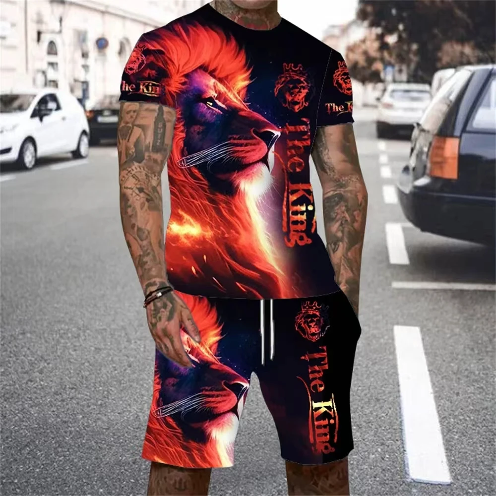 Men's Short Sleeved T-shirt Set Animal Lion Wolf 3D Printed Personalized T-shirt men's Set Casual Outdoor Sports Set Clothing Li