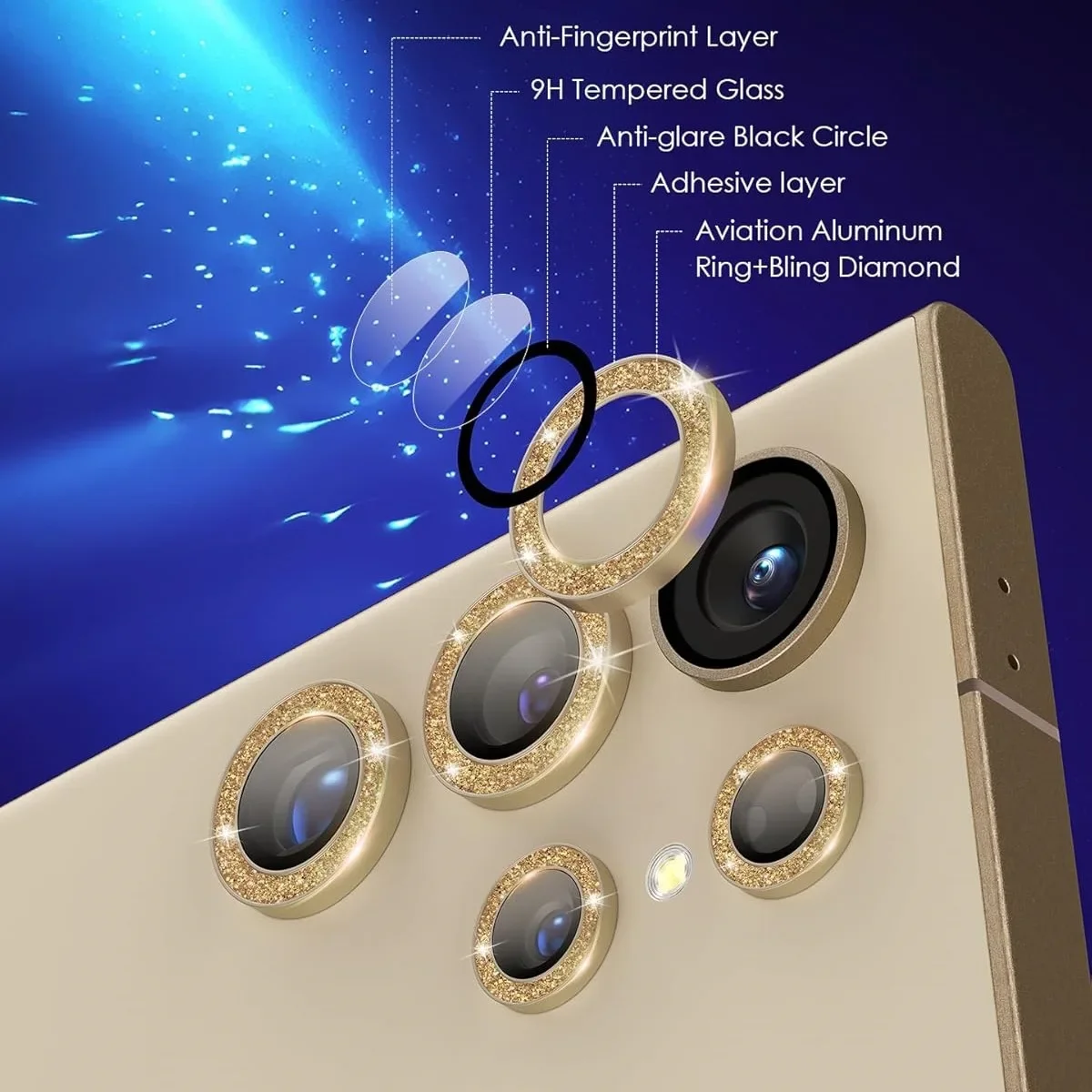 Cristal de lente de cámara con purpurina para Samsung Galaxy S25 S24 Ultra S24 Plus FE, Protector de anillo de Metal brillante para tapa de lente trasera S25ultra