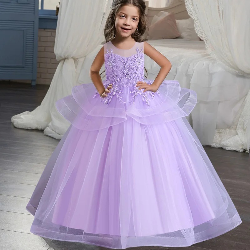 5-14 years old pearl sequin lace princess dress girls bow embroidery puffy skirt 2023 new host banquet performance high-end dres