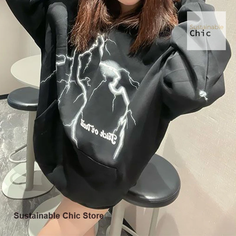 

American high street lightning printing simple pattern hooded sweater women's autumn and winter loose trend design casual top