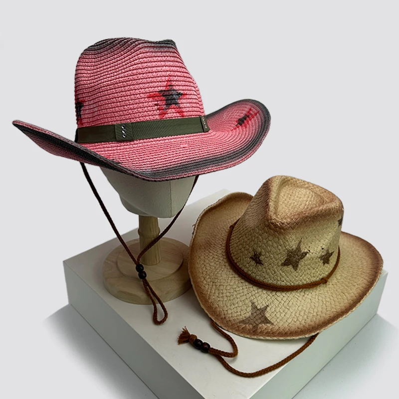 

New Women Star Millennium Spicy Cowboy Hats Gradient Outdoor Breathable Sunshade Travel Straw Caps Versatile American Vintage