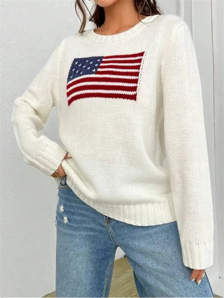 Harajuku Knitted Pullover for Women, Flag Pattern Sweater, Loose Warm Sweater, Long Sleeve, Round, Casual, Street, New, Y2k, 202