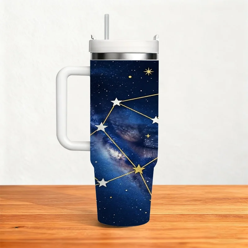 1pc 40 Oz Stainless Steel Insulated Tumbler with Handle And Straw, Celestial Starry Sky Constellation Digital Print Double Wall Travel Mug, Sublimation Thermal Cup Keeps Drinks Hot 18H Cold 36H, Ideal for Daily Travel And Holiday Birthday Gifts