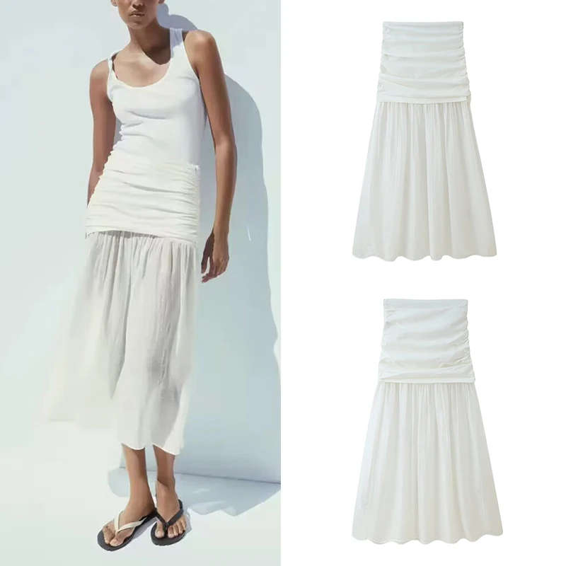 

Faionable Midi Skirt Women's Commute High Waist Polyester Fiber Patchwork Pleated Decoration 2025 Summer New Arrival
