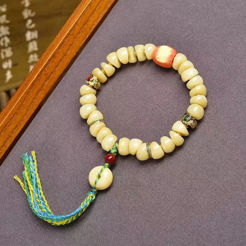 Natural Yellow Chicken Grease Bone Large Intestine Bracelet Single Circle Prayer Agate Beads Feeder Root