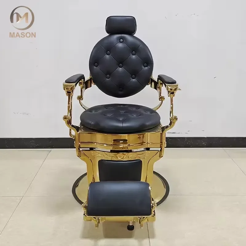 Hydraulic Barber Chair Black Gold Antique Tufted Leather Swivel Base Adjustable Height Hairdressing Chair for Spa