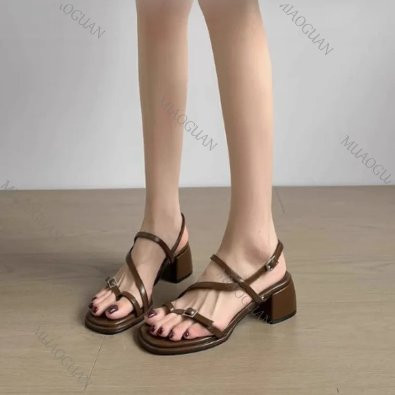 Sandals Designer New 2026 Dress Women Metal Decoration Ladies Narrow Band Buckle Thick Heels Female Shoes Outside Party Clip Toe