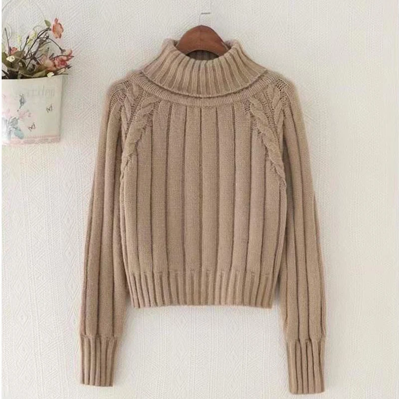 Green Cropped Sweater Winter Turtleneck Bottoming Pullover Tops Casual Long Sleeve Knitted Warm Jumper Korean Soft Sueters New