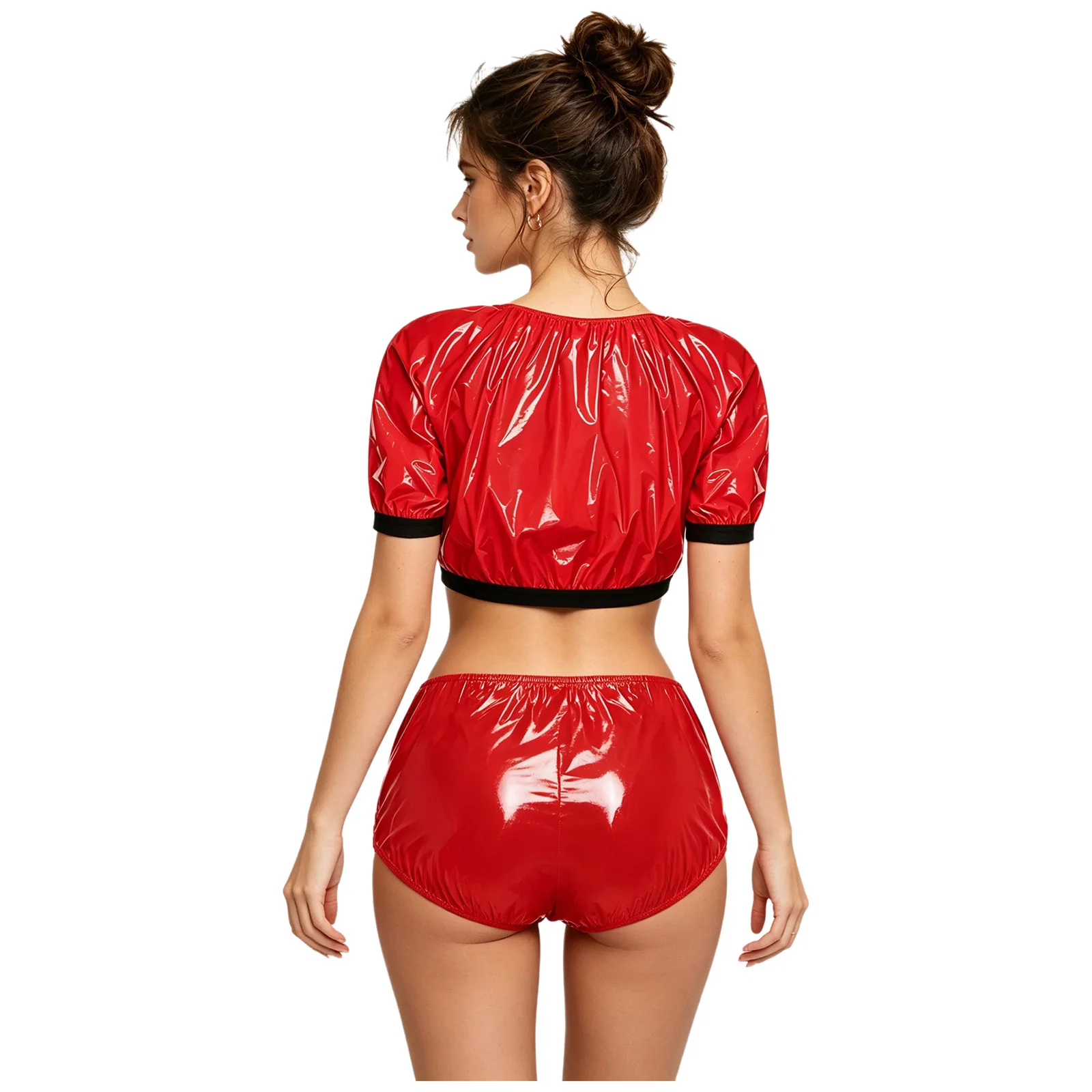 Women's Swimsuit Waterproof Vinyl Adaptive Swimwear Short Sleeve Crop Top with Diaper Cover Shorts Briefs Special Needs Clothing