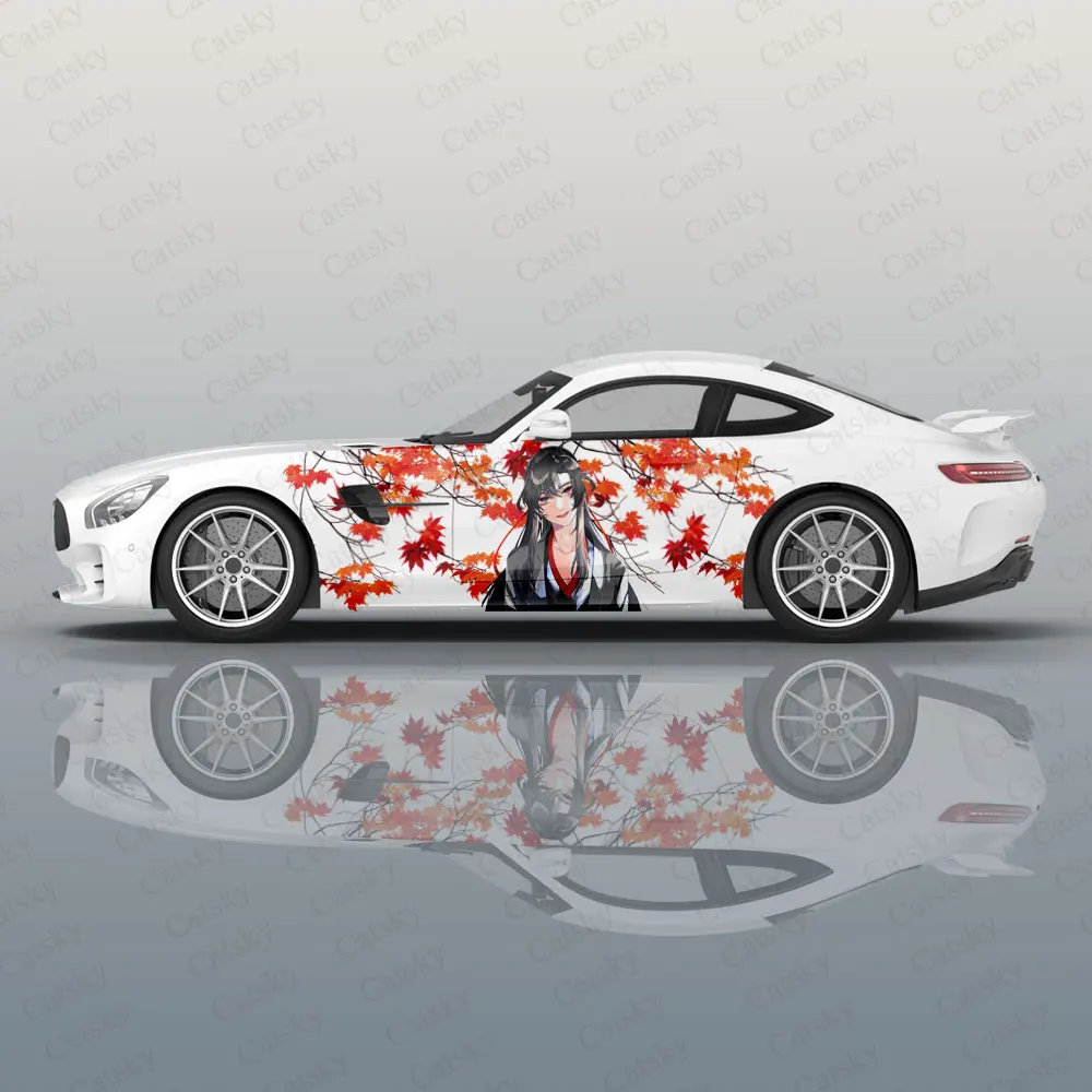 Maple Leaf Anime Boy Racing Car Graphic Decal Full Body Vinyl Wrap Modern Design Vector Image Wrap Sticker Decorative Car Decal