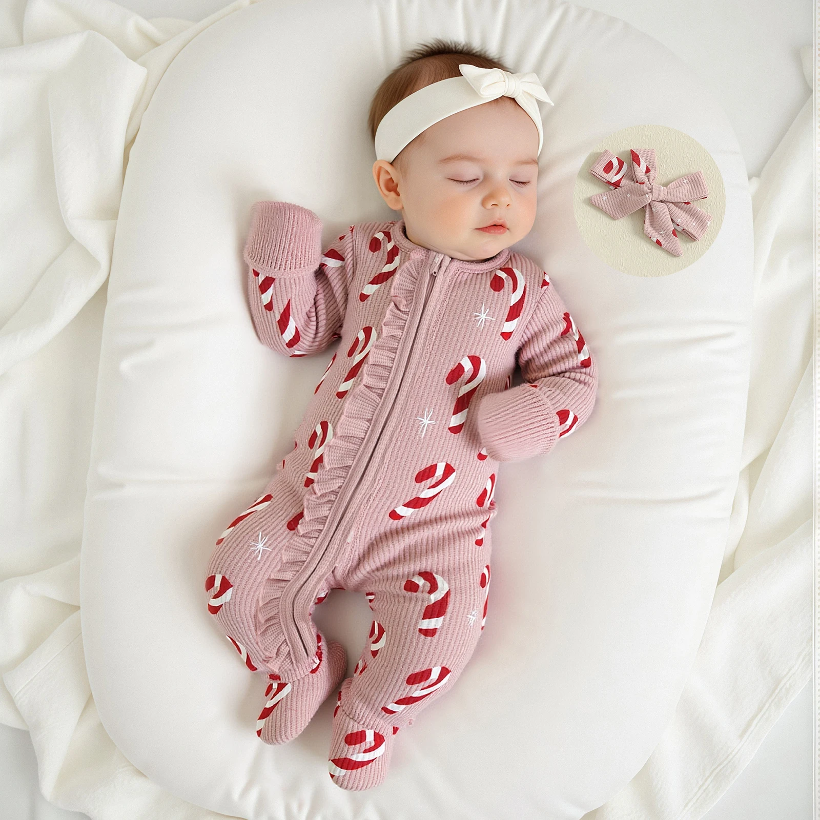 Baby Girl Christmas Oblique Zipper Romper Long Sleeve O Neck Candy Cane/Gingerbread Print Jumpsuit with Headband
