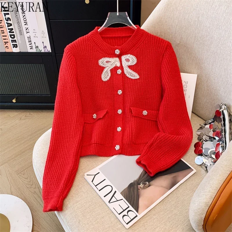 

French Beading Bow Red Sweater Jacket Women Autumn New Vintage Fashion O-Neck Long Sleeve Single Breasted Knitted Cardigan Tops