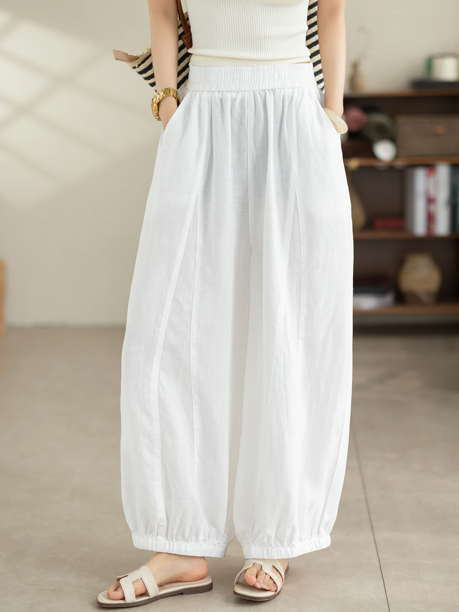 

Женские свободные брюки-фонарики с эластичным поясом, льняные, повседневные, летние, широкие, прямые, легкие, дышащие, длиной 7/8