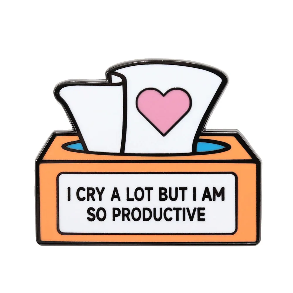 I Cry A Lot But I Am So Productive Tissue Box Brooch Humorous Quote Pin Heart Pattern Badge Accessory Office Worker Jewelry Gift