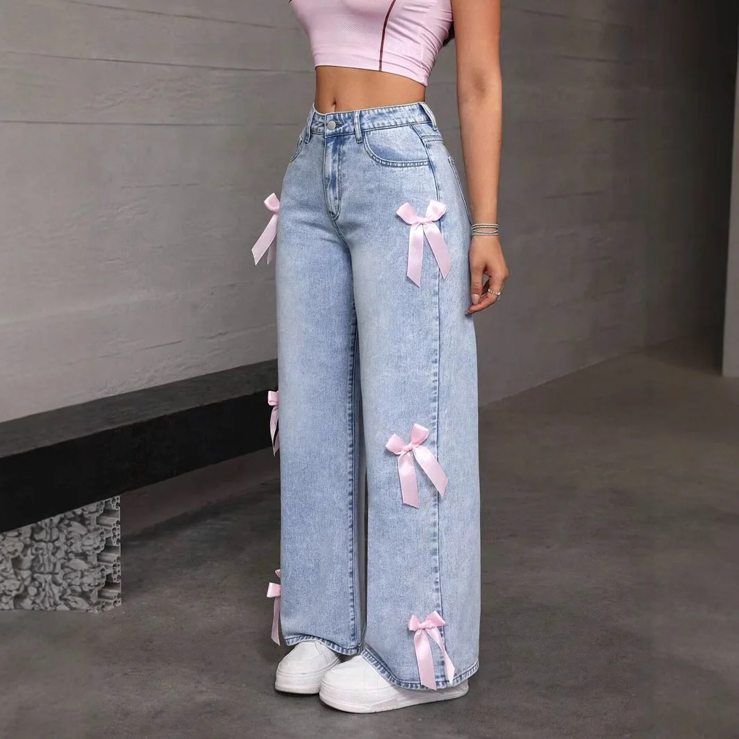 Washed Wide Leg Denim Jeans Women's High Waist  Knot Trendy Hot Pants Cross-Border Loose Fit Straight Cut