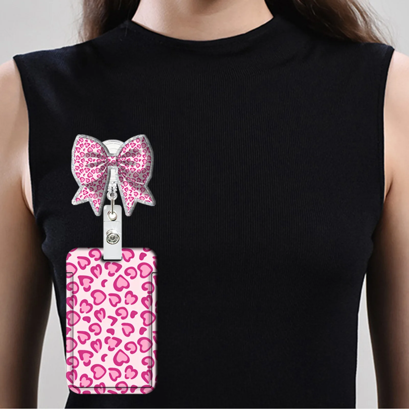 Leopard Print Lanyard with Card Holder and Retractable Badge Reel Set Pink Heart Rainbow Leopard ID Badge Holder with Bow Knot