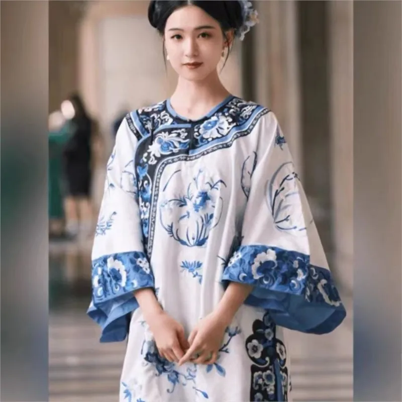 

Ge Cheongsam Qing Dynasty Clothing Late Han Women's Blue and White Porcelain Printed Dress Suit New