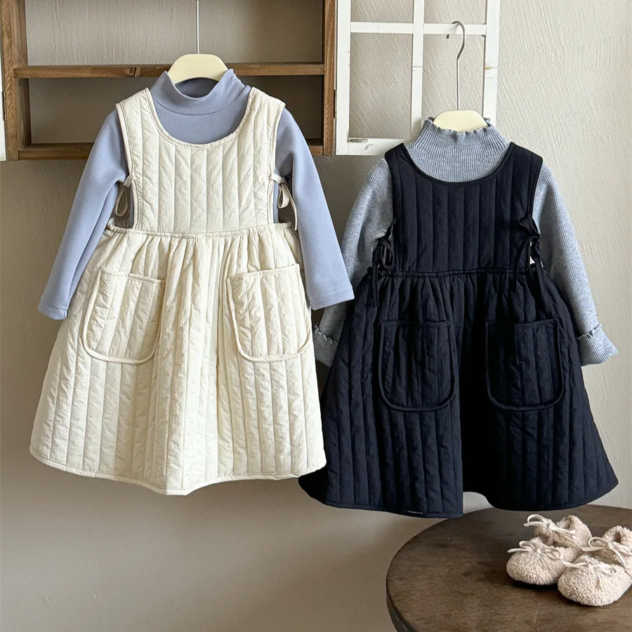 2025 Girls' Sleeveless Quilted Cotton Strap Solid Color Clip Cotton Skirt Winter New Korean Style