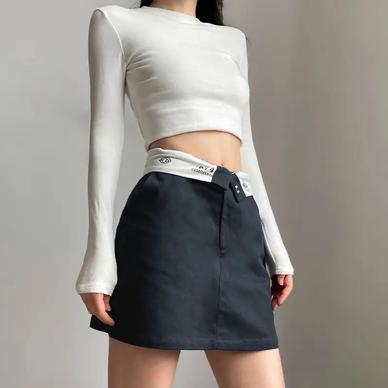 American Retro Hiphop Lapel Skirt High Waist Simple Short Skirt Korean Party Casual Women Street Fashion