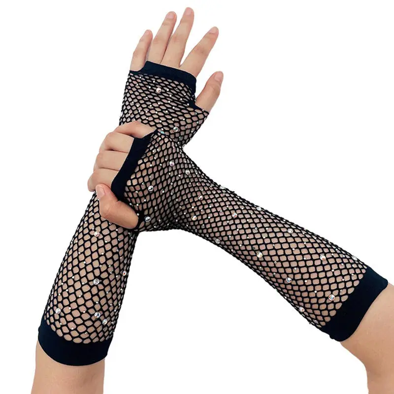 Manchons en résille scintillants pour femmes, gants transparents, manchettes élastiques, maille de danse, rétro, Club, Sexy, manches longues, brillants