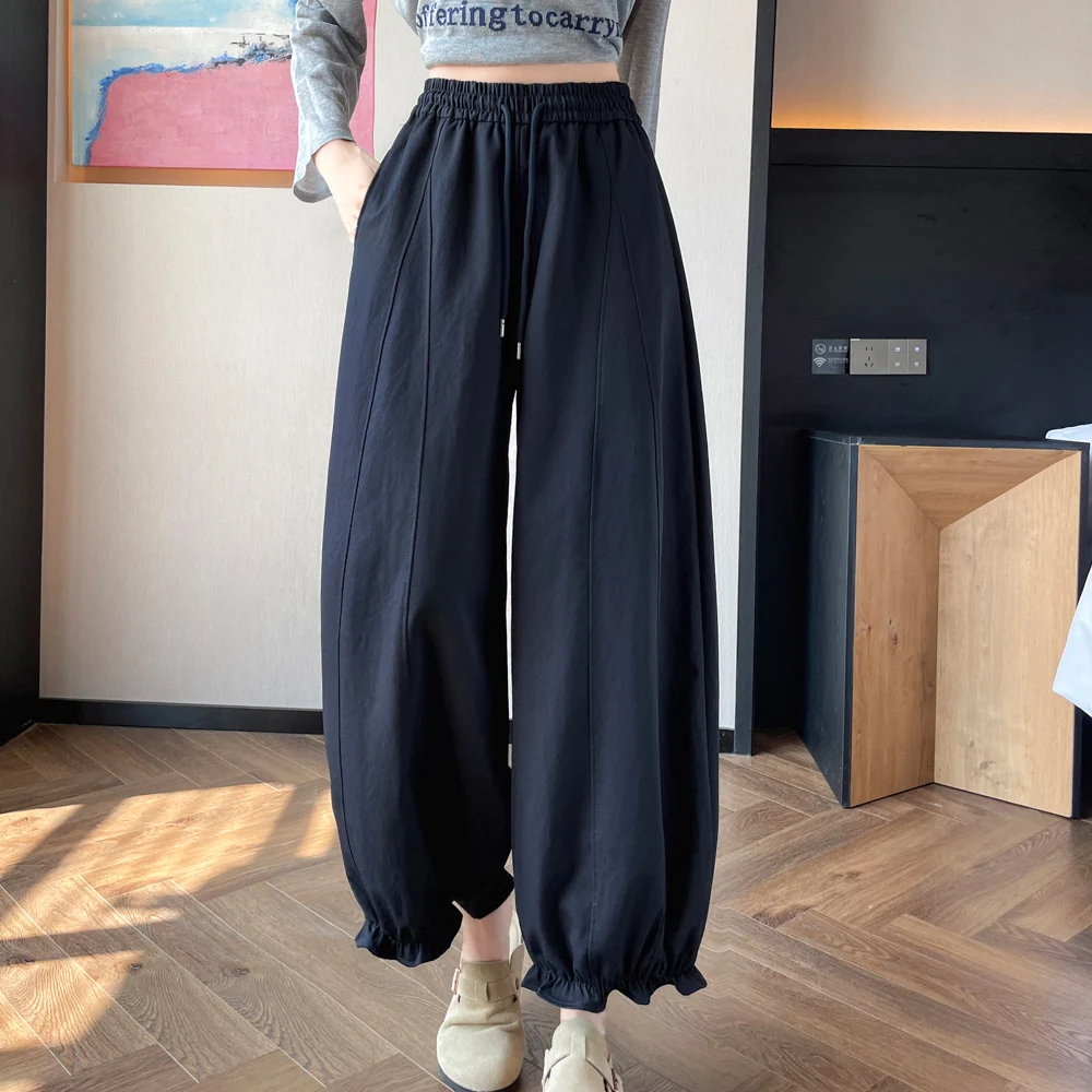 عارضة Dstring تسعة عشرات فانوس السراويل النساء فضفاضة واسعة الساق الترفيه السراويل Musoom الدانتيل مطاطا Waisand