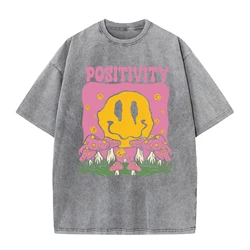 Womans Cotton Washed T-Shirts Trend Distressed Loose Tees Mushrooms Smiling Face Positivity Letter Print Tops Casual Clothes