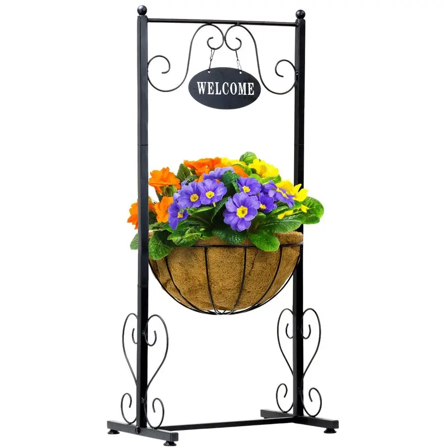 

Welcome Planter Basket Stand with Coco Liner, Stylish Flower, Plant, and Outdoor Decor for Home, Garden, Patio, Deck, Black Meta