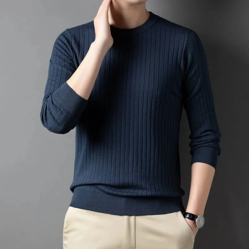 

Smart Casual Spring Autumn Thin Men T-Shirts O-Neck Solid Screw Thread Fashion England Slim Long Sleeve Pullovers Knitted Tops