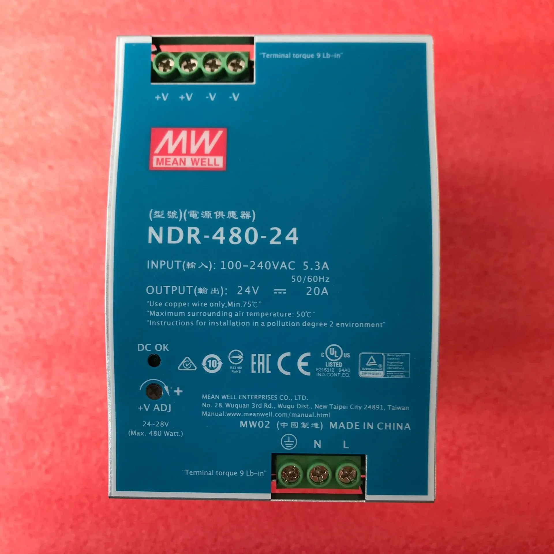 MEAN WELL/NDR- 480-24/48 480W Industrial DIN Rail Type Single Output