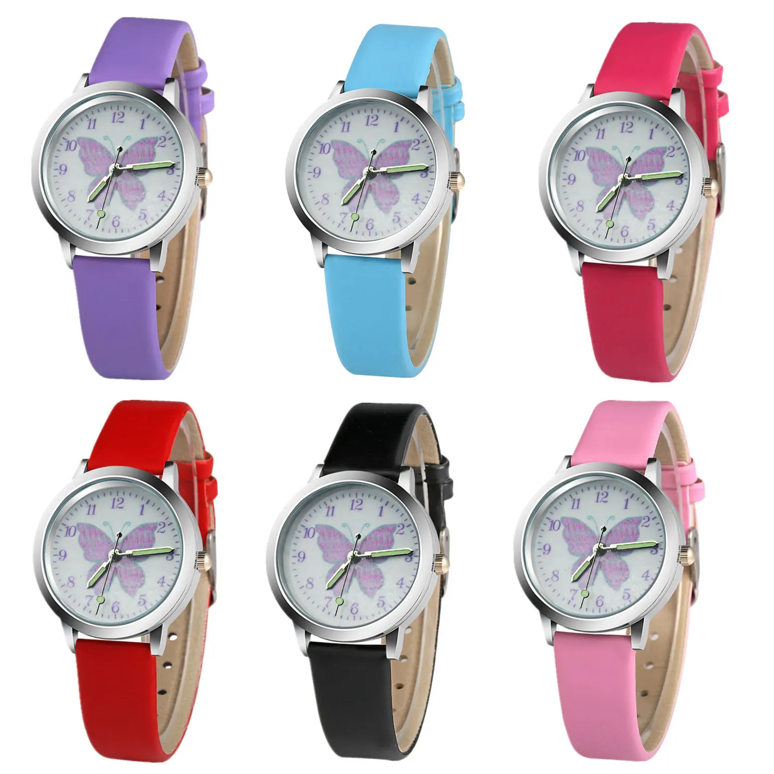 Reloj de silicona con esfera de mariposa rosa y negra para niños, pulsera de silicona que brilla en la oscuridad, reloj deportivo para escuela primaria