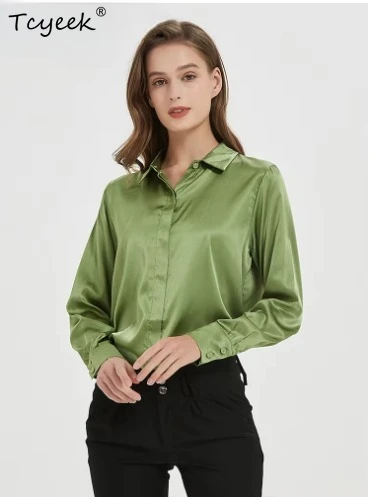 

Женские однотонные рубашки Tcyeek: 93% натуральный шелк, 7% спандекс, длинные рукава, элегантные блузки, топ для офиса, весна-осень 2025
