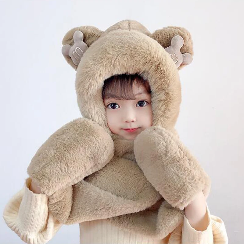 قبعات أطفال سميكة بغطاء رأس وشاح وقفازات ، قبعة ناعمة 3 في 1 ، وشاح طويل ، شال ، جيب ملفوف ، قفازات ، دافئة ، شتوية