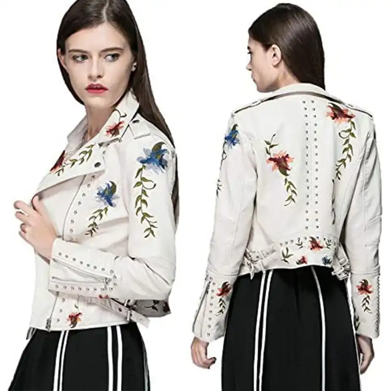 New Spring Autumn Women Biker Leather Jacket Floral Print Embroidery Pu Leather Jacket Turn-down Collar Zipper Jacket