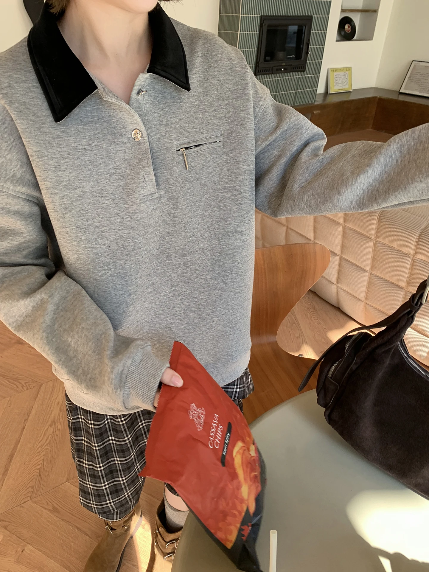 

Женский свитшот Xuanxuan Color Blo Collar: повседневный, свободный, модный топ с длинными рукавами и открытым передом