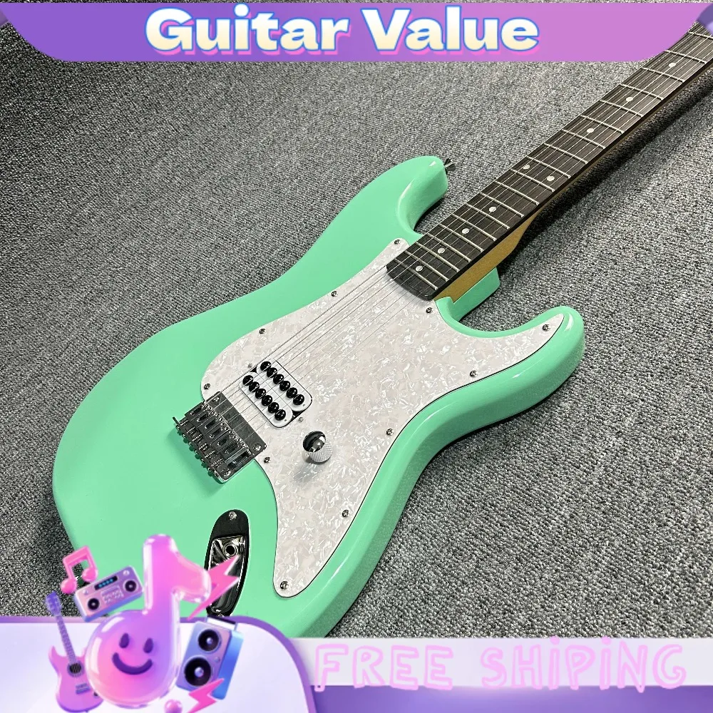 Lake Green Electric Guitar Mahogany Body White Pearloid Pickguard Minimalist Design Rosewood Fingerboard Dot Position Markers