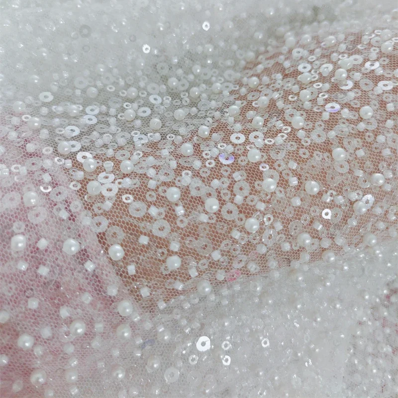 

Тюль цвета слоновой кости с бисером и блестками, блестящее кружево, 1 ярд, 2022, роскошное белое свадебное платье, кружевная ткань