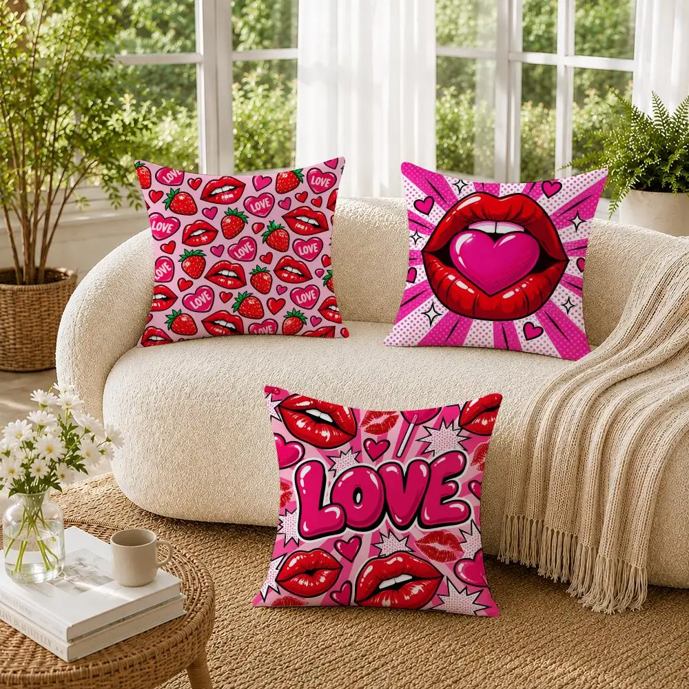 Pop Art Love Pink & Red Lips Cushion Cover Soft Short Plush Pillow Cases Hidden Zipper Cutecore Sofa Bedroom Home Decor Gift
