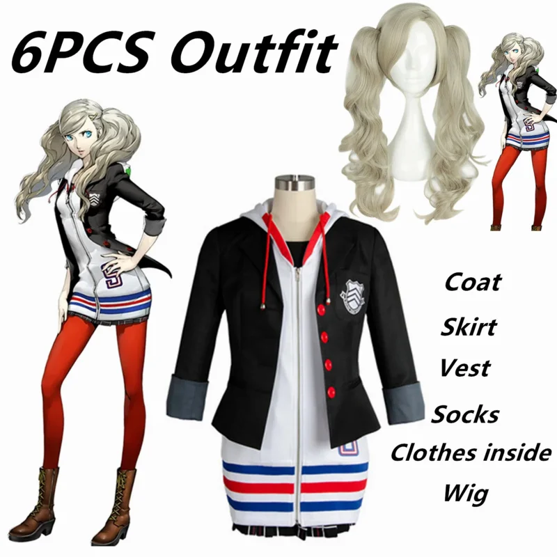 Full set Persona 5 Anne Takaki cosplay costume wig shoes Christmas Halloween cosplay jacket coat dress girl Women