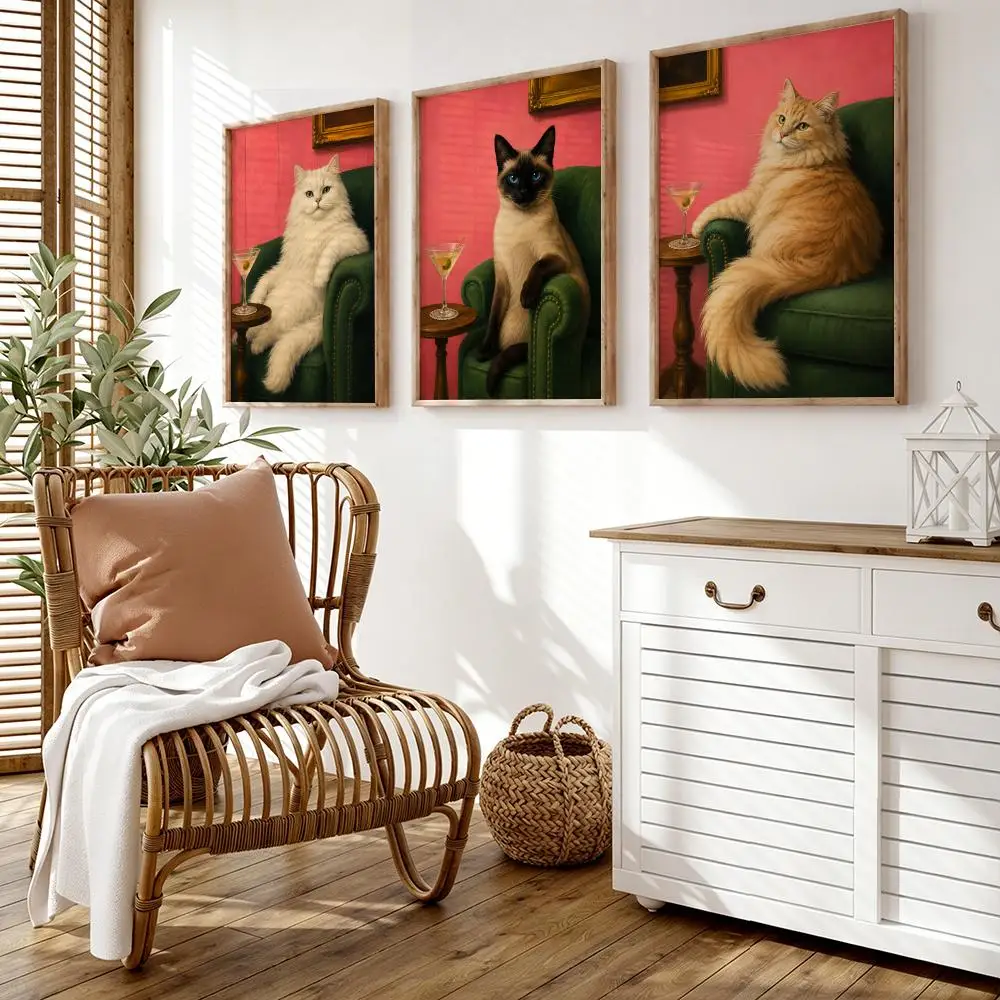 Vintage Lounge Cat with Martini Poster Home Living Bed Room Bar Hallway Sticky Wall Printing Waterproof Aesthetic Decor